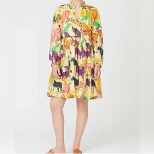J.Crew Tiered Popover in Natural Yellow Pink Ratti Safari Print Dress Size M